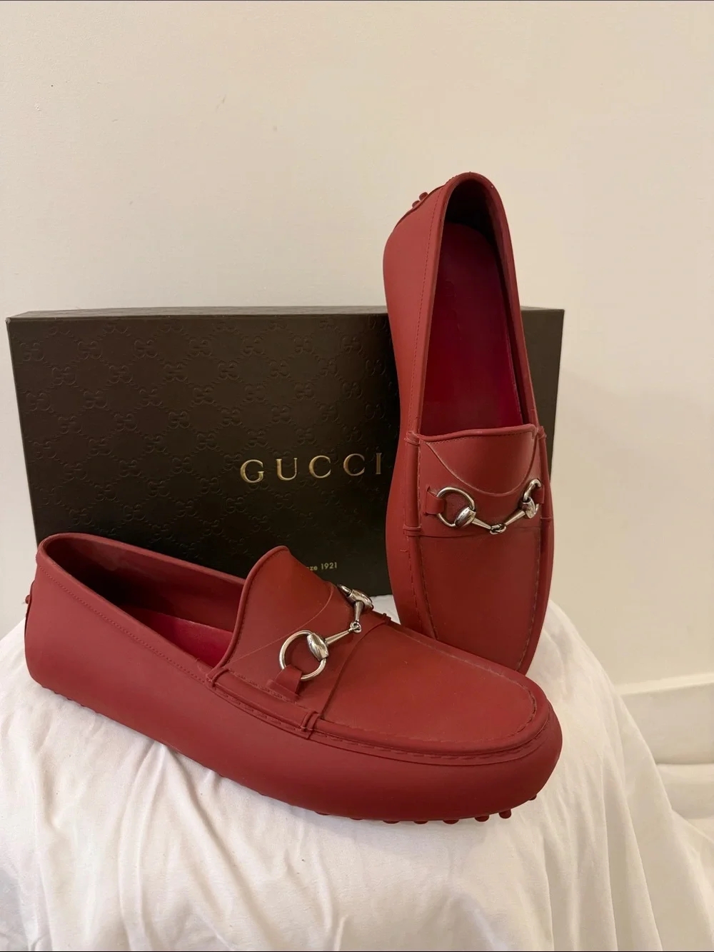 Gucci Men’s Red Rubber Horsebit Driving Loafers